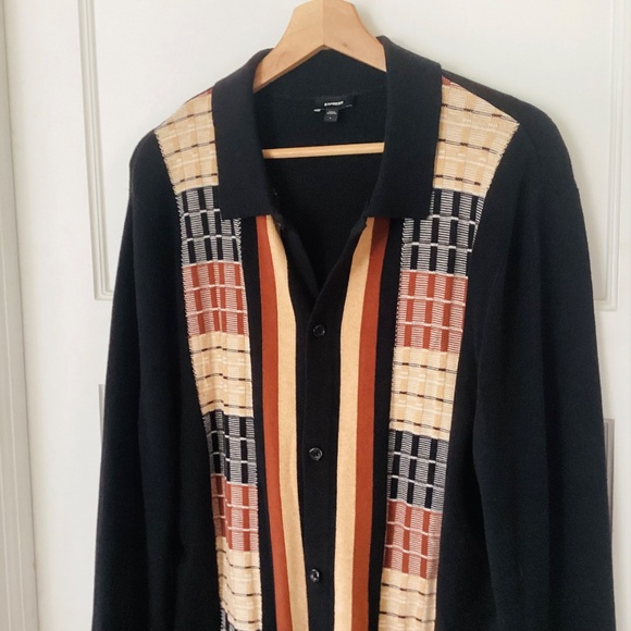 Express Men’s Button Up Collated Sweater Size L Cotton Preppy Brown Black Woven - Picture 3 of 13